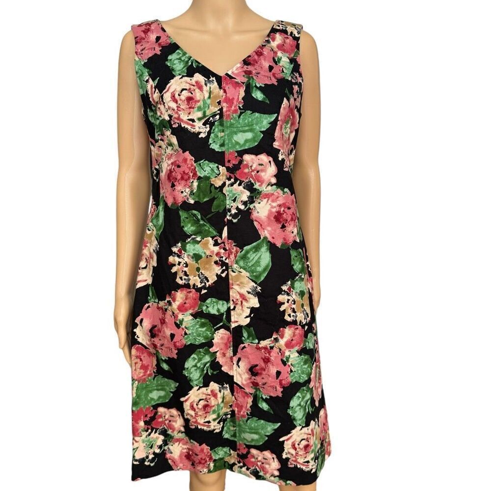 TALBOTS cotton Stretch V-Neck Rose Floral Sleeveless Spring Dress Size 8
